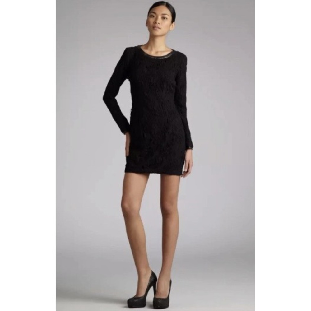 Rag & Bone Sheila Black Distressed Lace Bodycon Mini Dress Leather Trim | Size 2